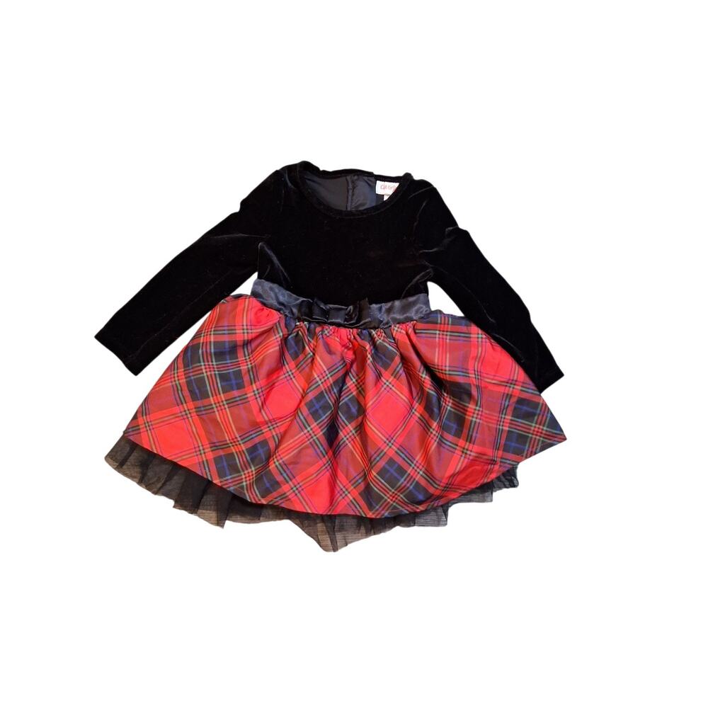 Cat & Jack Girls 12m Red Tartan Plaid Black Velvet Holiday Party Christmas Dress